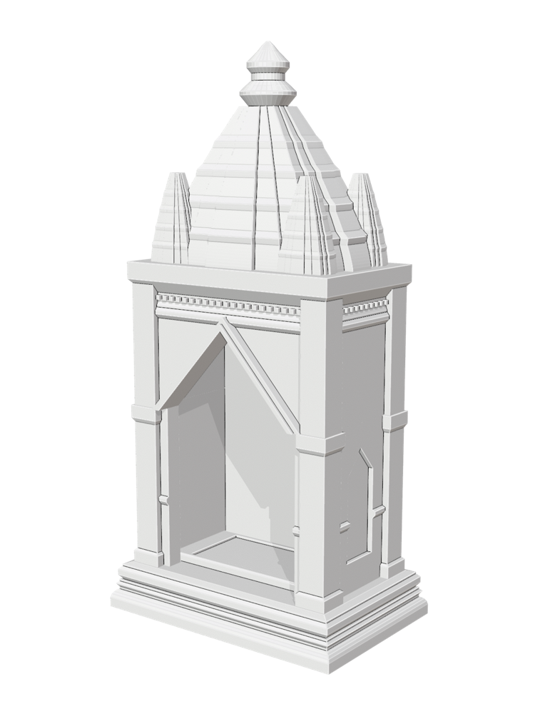 Mini mandir with a sekhari shikhar, a central curved spire ringed by four corner spirelets, on a stepped plinth with an open arched front, in white